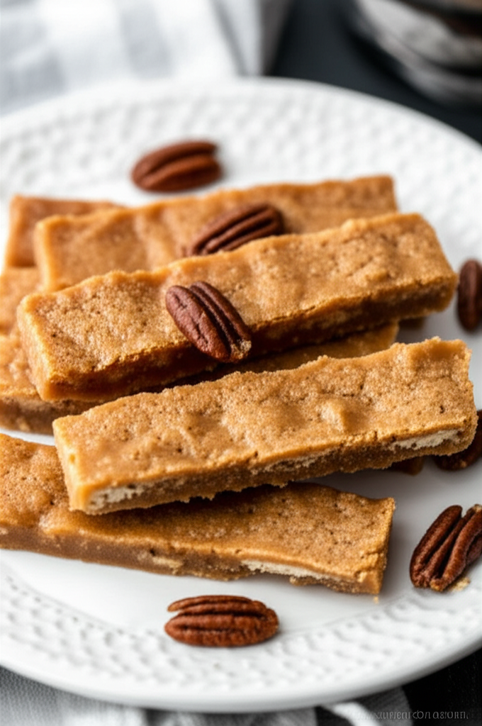 Stacked caramel sticks on a white plate, garnished with whole pecans.