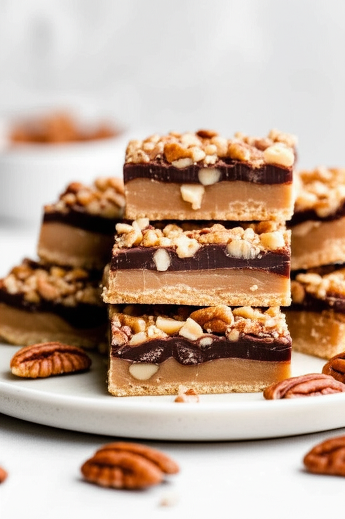 Stacked toffee squares with chocolate layer and chopped pecans on top, served on a white plate.