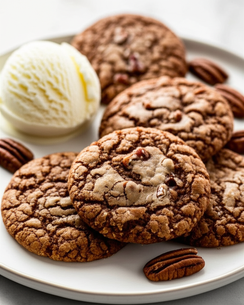 Pile of pecan cookies with cracked tops, served with a scoop of vanilla ice cream on a white plate.
