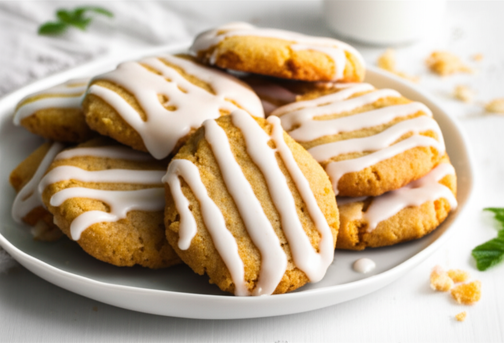 Pile of golden cookies with white icing drizzle on a white plate.