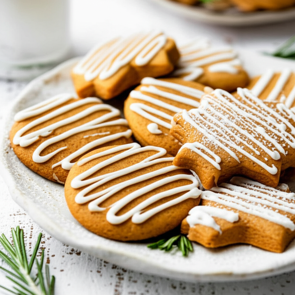 Honey cookies, some star-shaped, with white icing drizzle on a white plate.