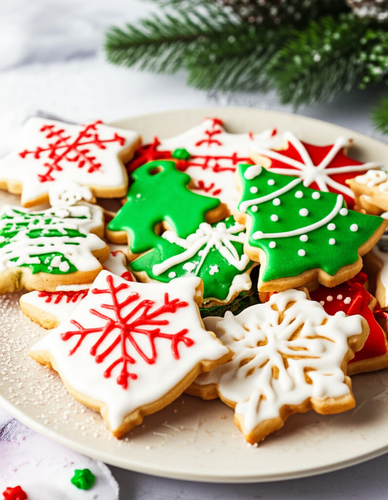 Plate of Christmas cookies: tree and snowflake shapes, decorated with colorful icing.