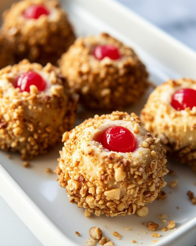 Nut-covered cookies topped with cherries on a white serving plate.
