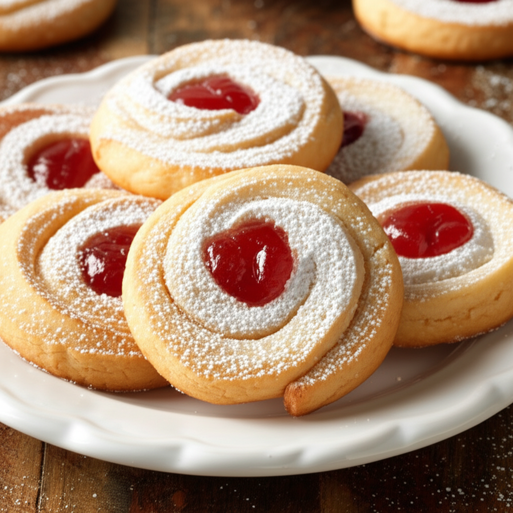 Cherry Danish cookies on a white plate, swirled dough, filled with red jam, dusted with powdered sugar.