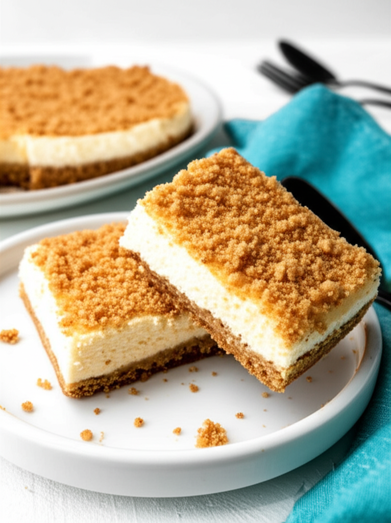 Two cheesecake squares with crumb topping on a white plate, whole cheesecake behind.