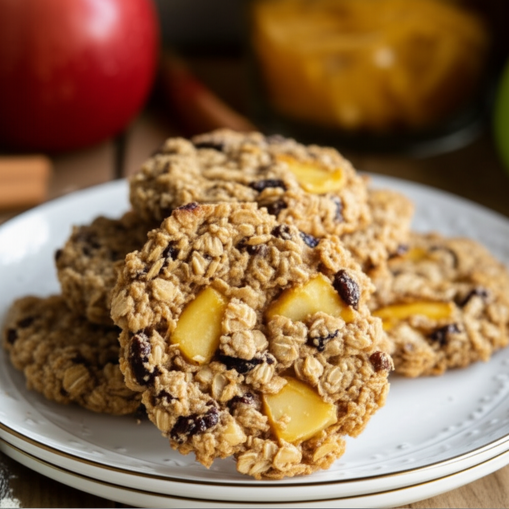 Oatmeal cookies with apple chunks and raisins, stacked on a white plate with a gold rim.