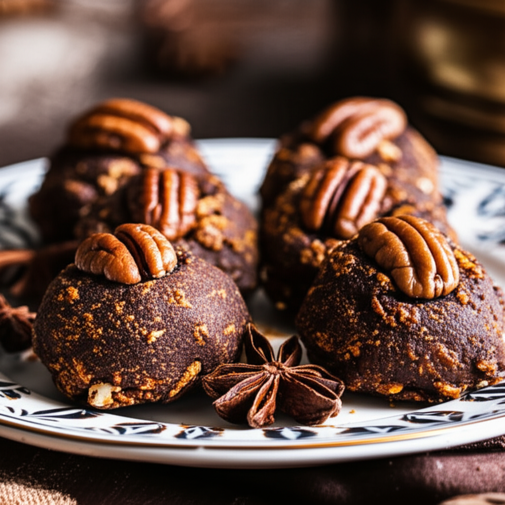 Round, dark date cakes topped with pecans on a patterned plate with star anise.