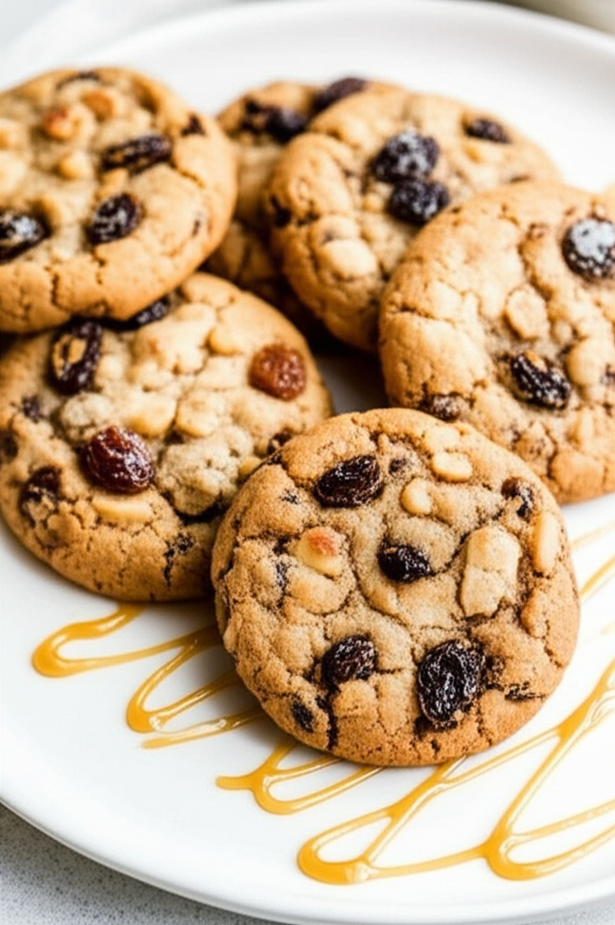 Baked raisin drop cookies on a white plate, drizzled with caramel.