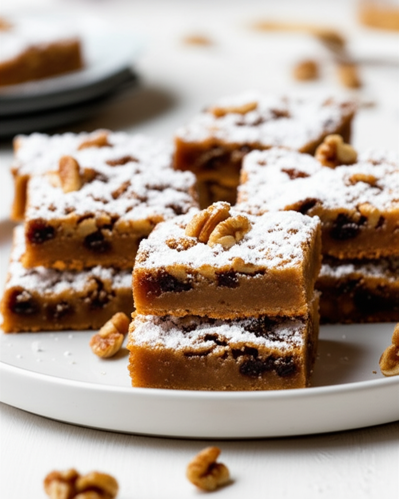 Stacked raisin bars dusted with powdered sugar and topped with walnuts on a white plate.