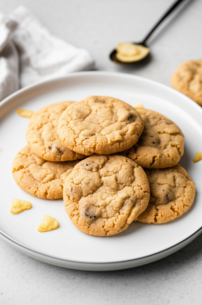 Pile of baked potato chip cookies on a white plate, with chip pieces scattered around.