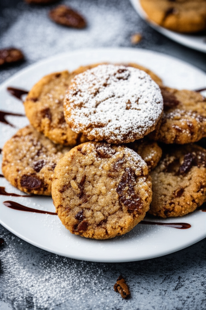Baked cookies with chocolate chunks, dusted with powdered sugar, stacked on a white plate with chocolate drizzle.