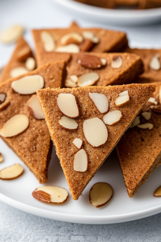 Cinnamon diamond cookies on a white plate, topped with sliced almonds.