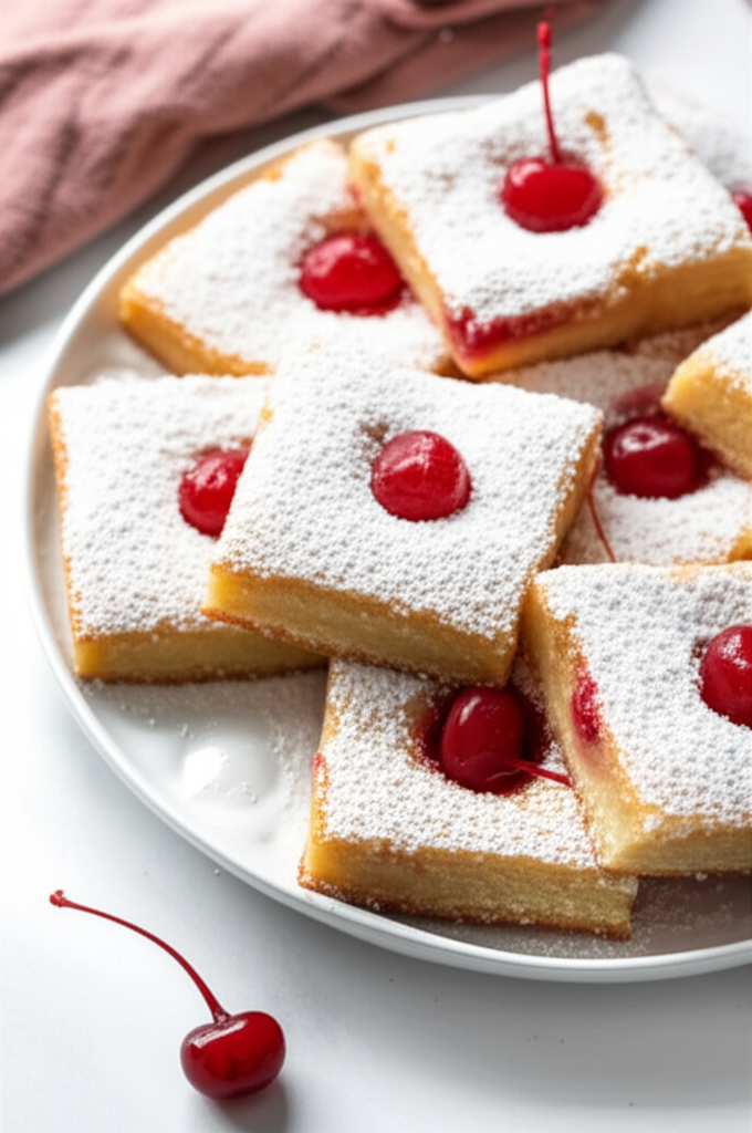 Square fruit-butter bars on a plate, dusted with powdered sugar and topped with a cherry.