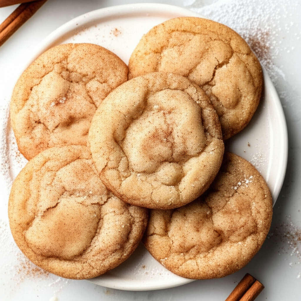 Five baked snickerdoodle cookies on a white plate, dusted with cinnamon sugar.