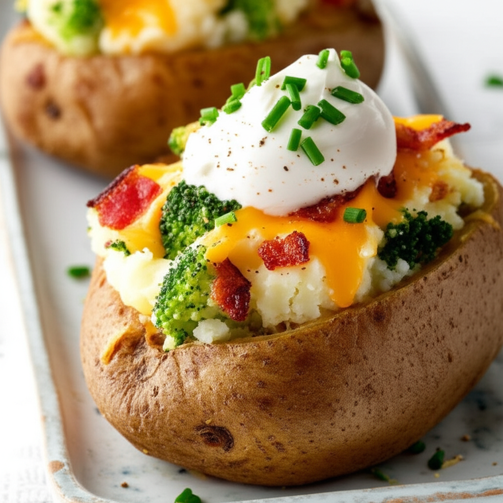 Baked potato filled with broccoli, cheese, bacon, and sour cream, garnished with chives.