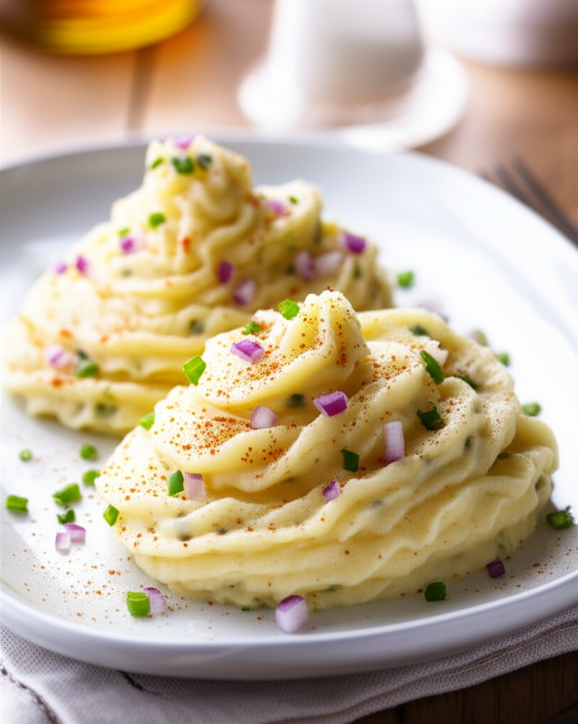 Two swirls of creamy mashed potatoes, sprinkled with paprika, red onion, and chives, on a white plate.