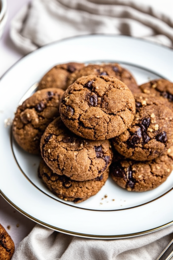 Pile of chocolate chip cookies on a white plate with a gold rim.