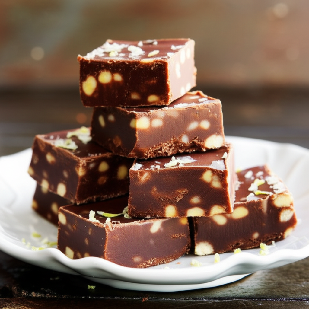 Stacked squares of dark chocolate fudge with nuts, sprinkled with lime zest on a white plate.