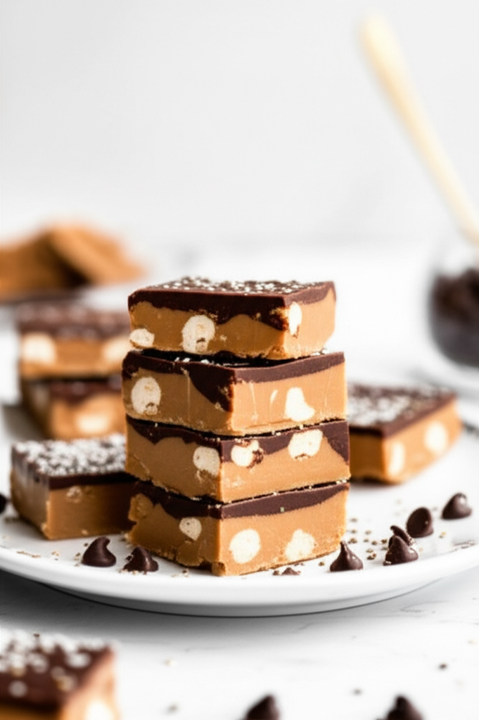 Stack of Buckeye Bars: peanut butter fudge with chocolate topping and white chocolate chips, on a white plate.
