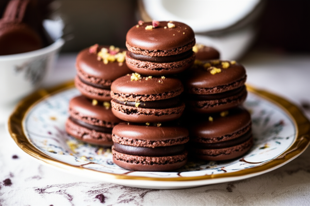 Stacked chocolate macaroons with dark filling, topped with sprinkles, on a patterned plate.