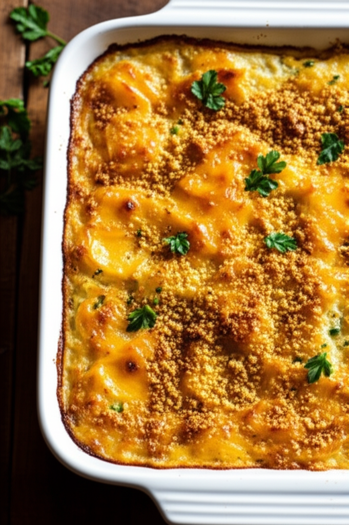 Baked potatoes in white dish, topped with golden-brown breadcrumbs and parsley.