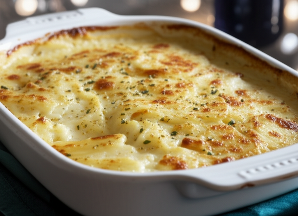 Creamy scalloped potatoes baked in a white dish, topped with herbs and browned edges.