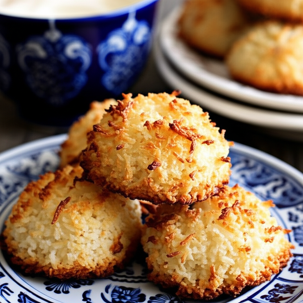 Golden-brown coconut cookies stacked on a blue and white patterned plate.