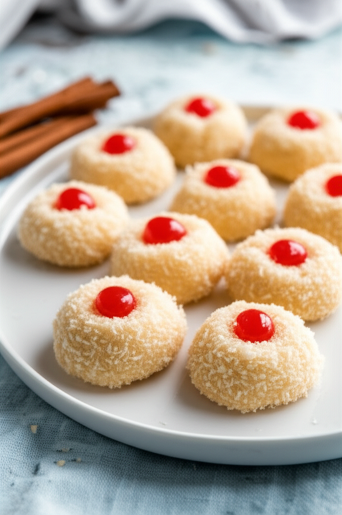 Coconut-covered cookies topped with red candied cherries on a white plate.