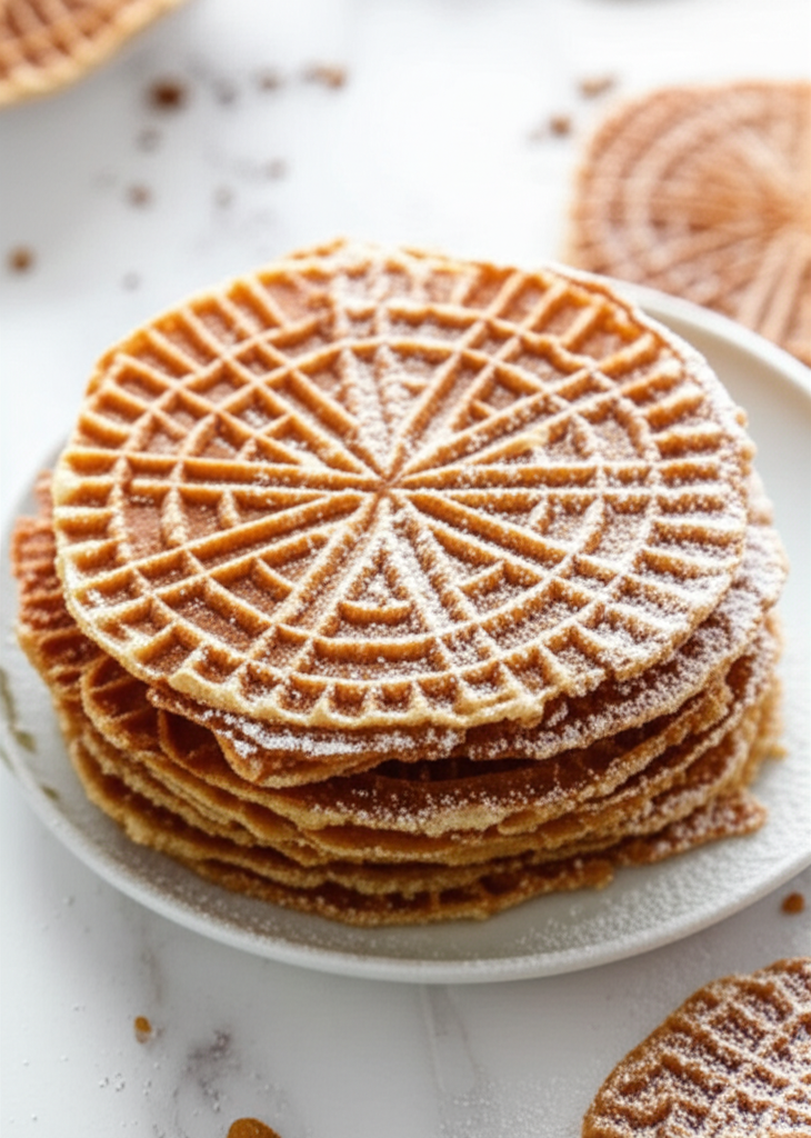 Stack of golden pizzelles dusted with powdered sugar on a white plate.