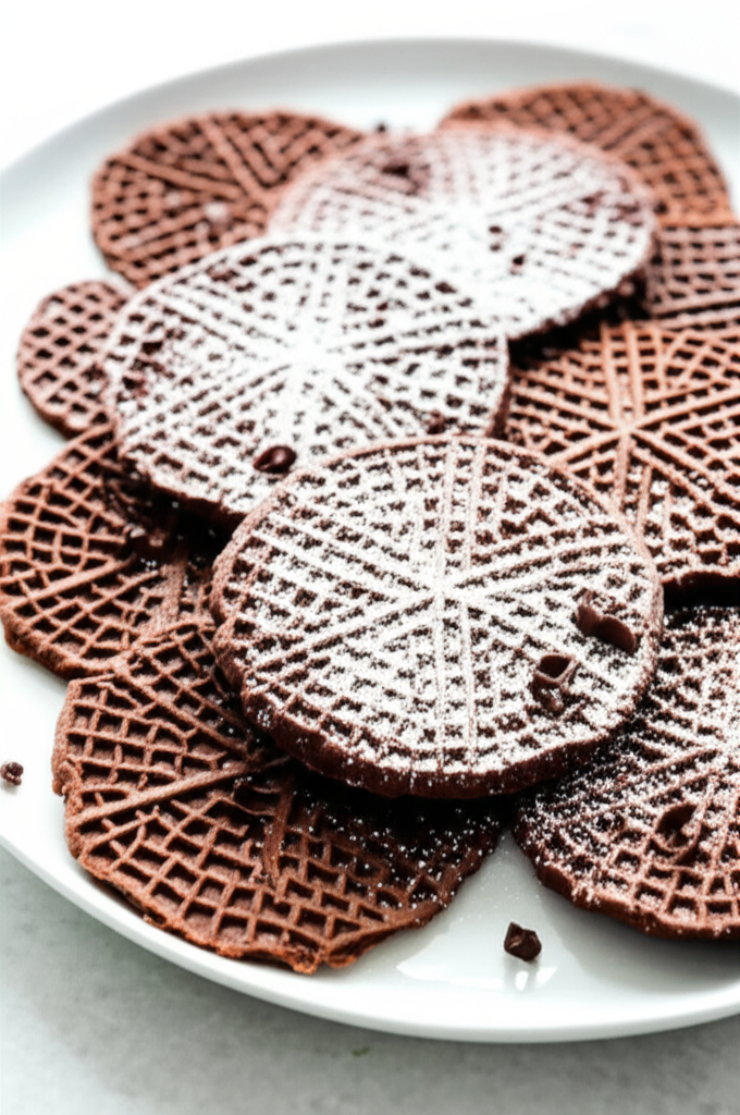 Chocolate pizzelles on a white plate, some dusted with powdered sugar, showing a waffle-like pattern.