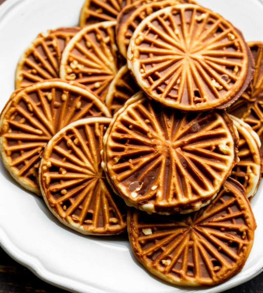 Pile of golden-brown, patterned pizzelles with nuts on a white plate.