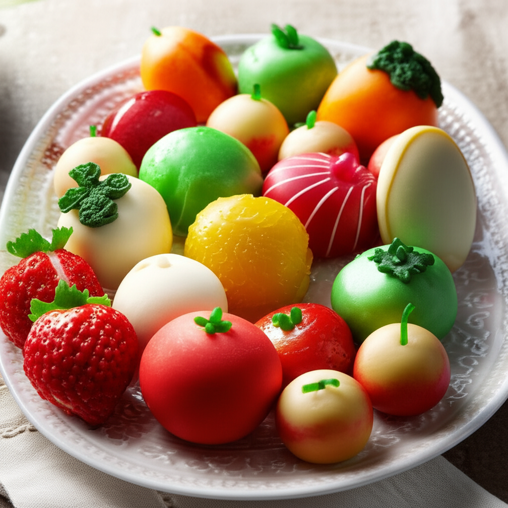 Marzipan cookies shaped like colorful fruits and vegetables on a white plate.