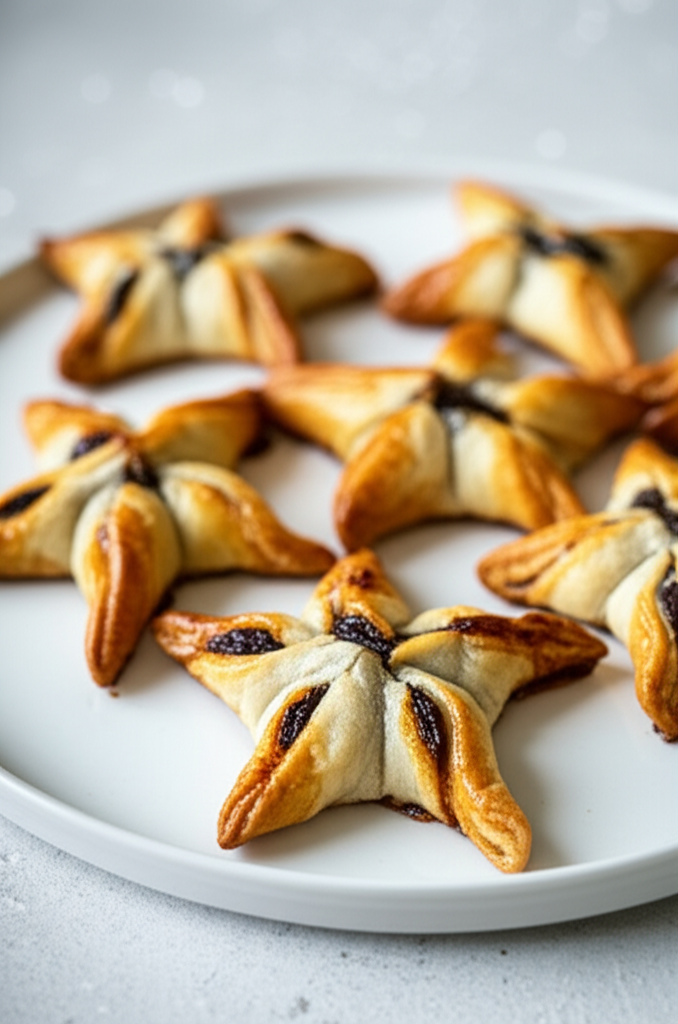 Baked star-shaped pastries with dark filling on a white plate. Golden-brown, flaky crust.