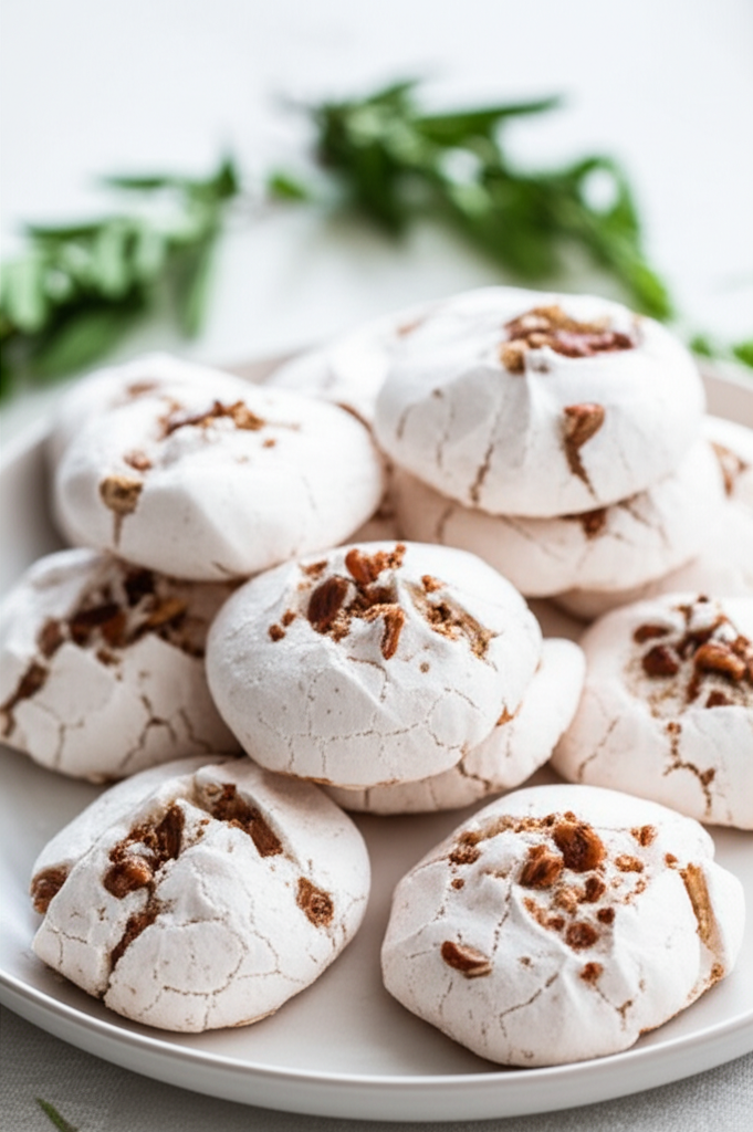 Pile of meringue cookies with cracked tops, topped with chopped nuts, on a white plate.