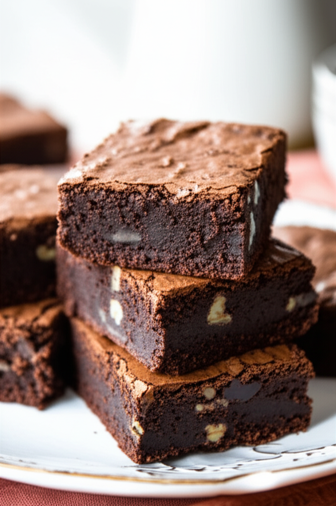 Stack of fudgy homemade brownies with nuts on a white plate.