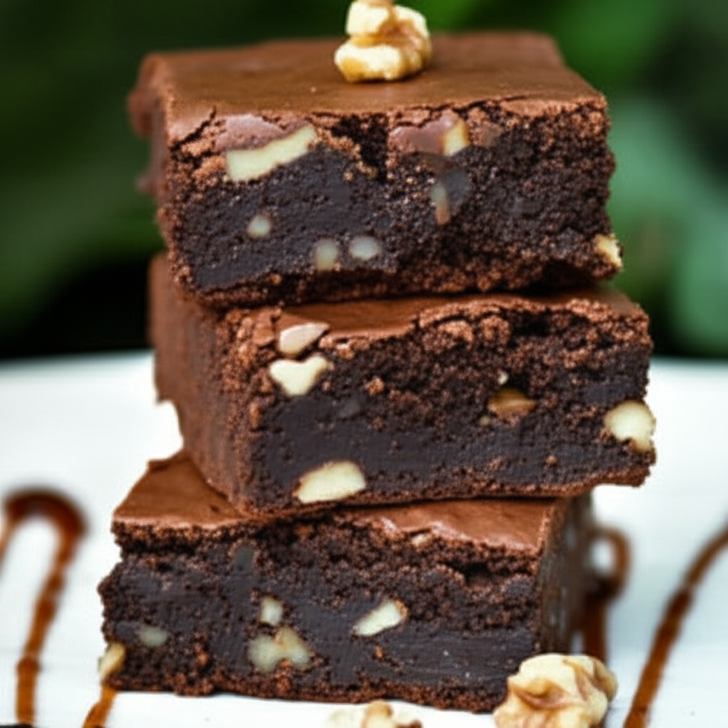 Stack of three fudgy brownies with walnuts, topped with a walnut half, on a white plate with chocolate drizzle.