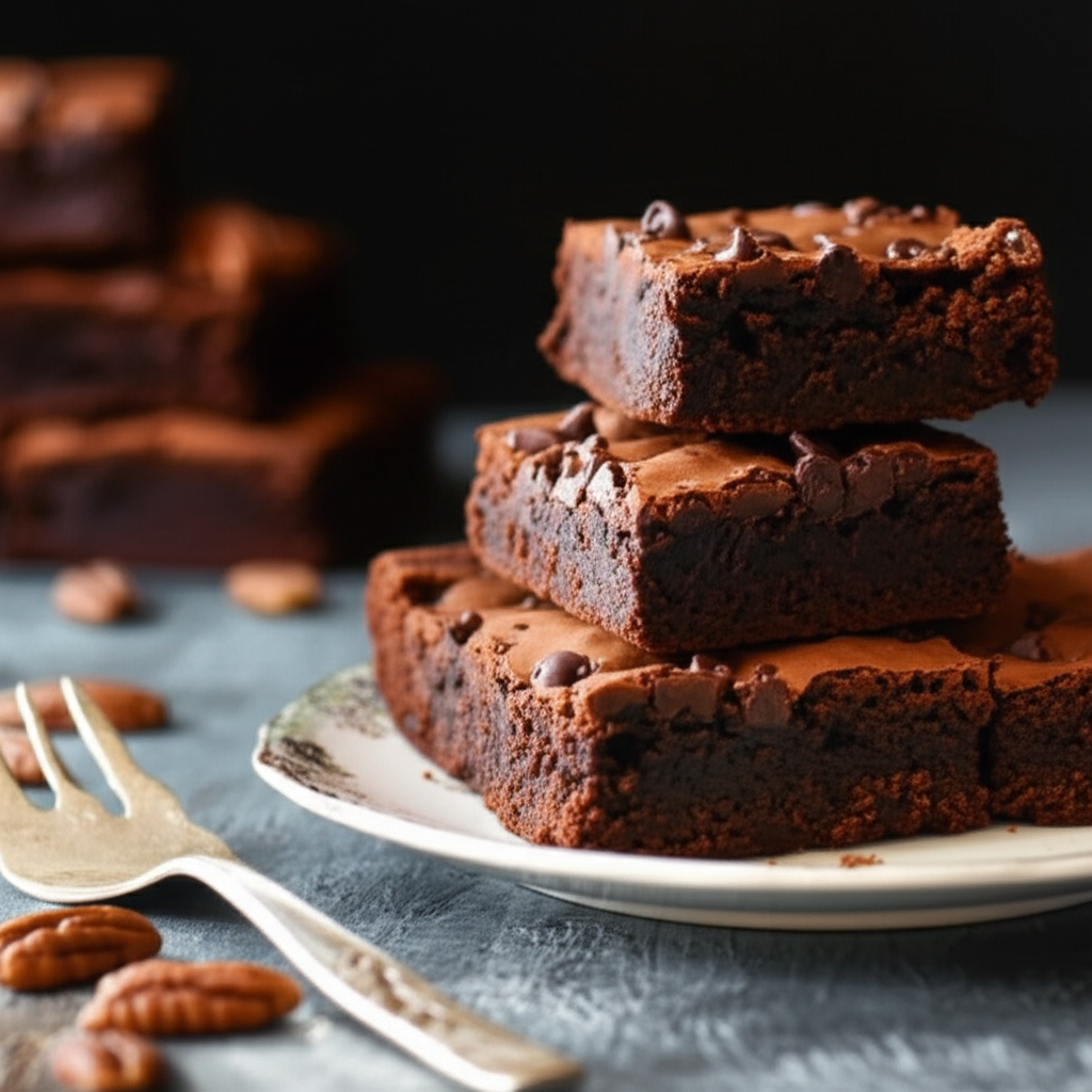 Stacked chocolate chip brownies on a plate, with pecans and a fork nearby.