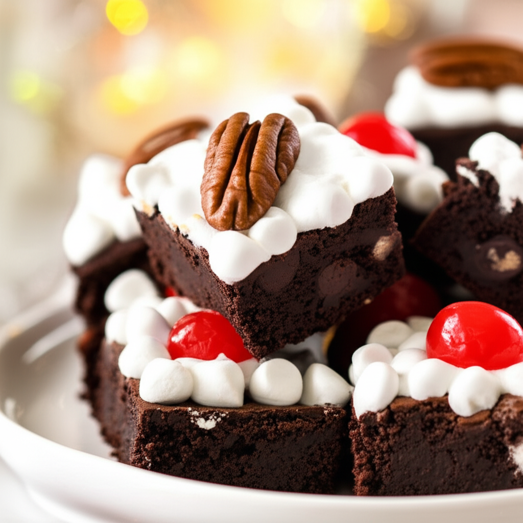 Stack of dark chocolate brownies topped with marshmallows, pecans, and maraschino cherries on a white plate.