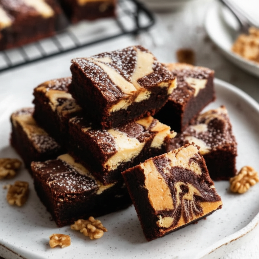 Stacked marble cheese brownies dusted with powdered sugar on a white plate, garnished with walnuts.