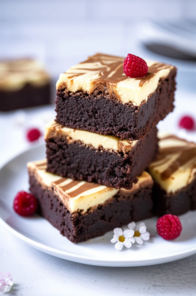 Stacked cream cheese brownies with marbled topping, garnished with raspberries and small white flowers.