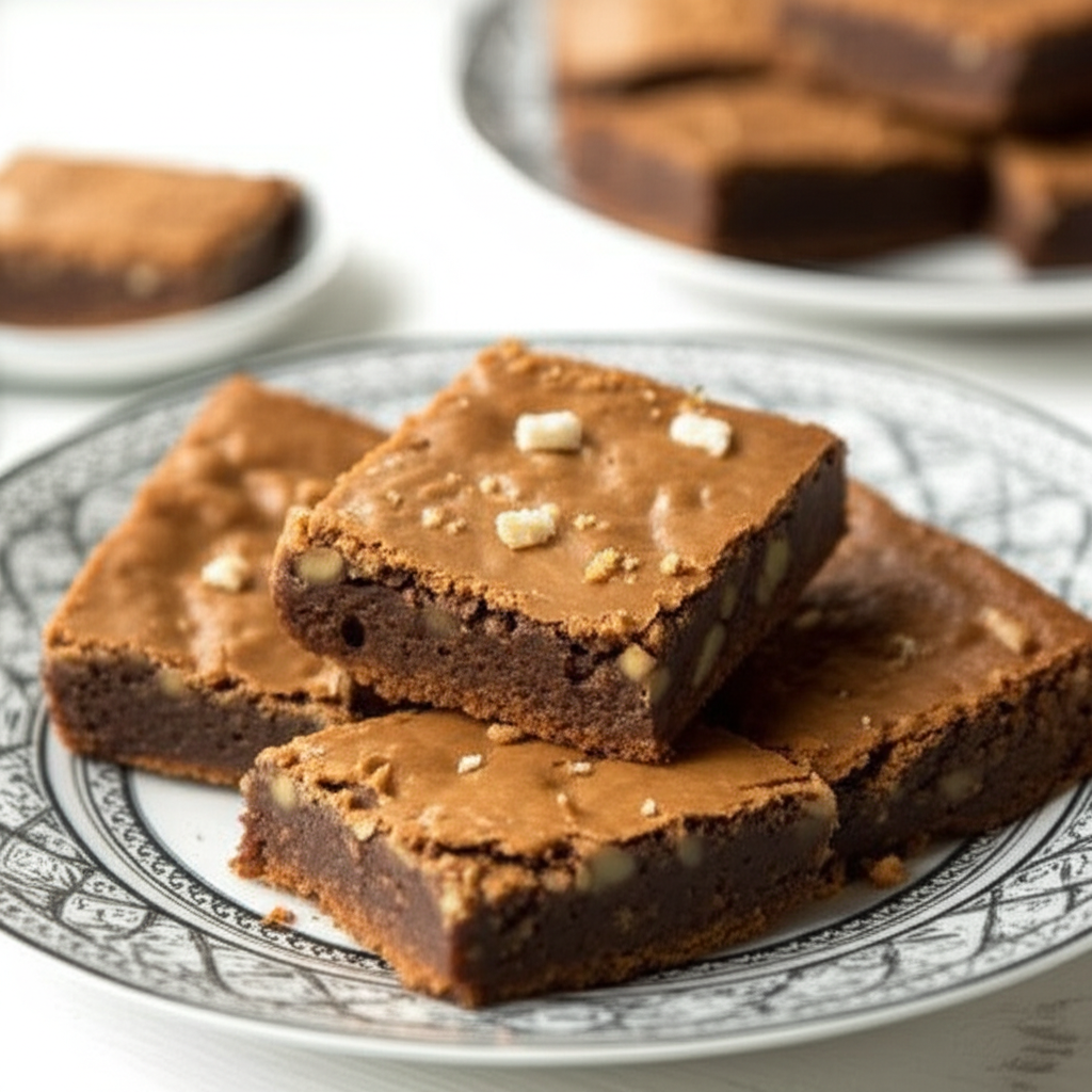 Stacked butterscotch brownies on a patterned plate, topped with butterscotch chips.