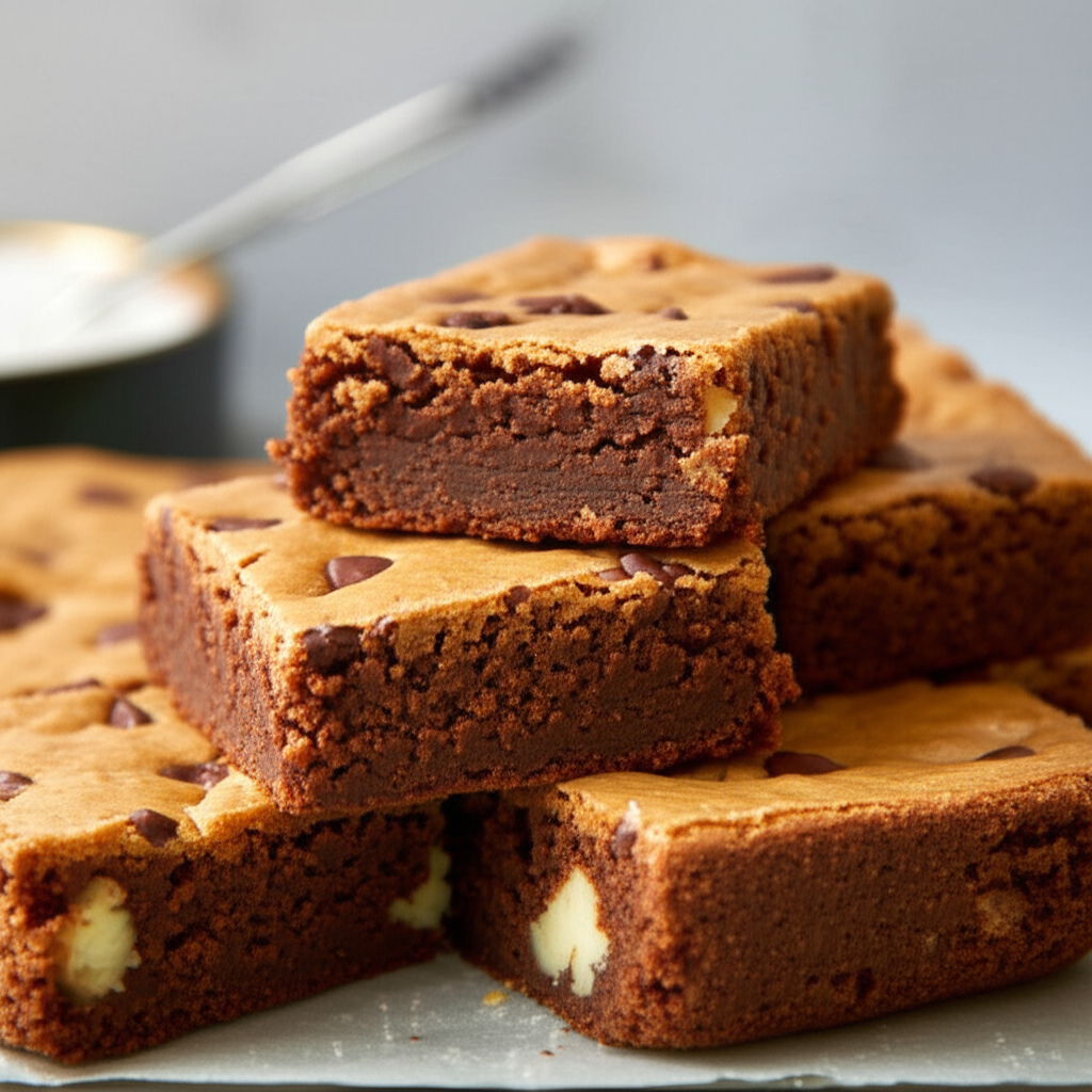Stacked blond brownies with chocolate chips, showing a dense, chewy texture and golden-brown crust.