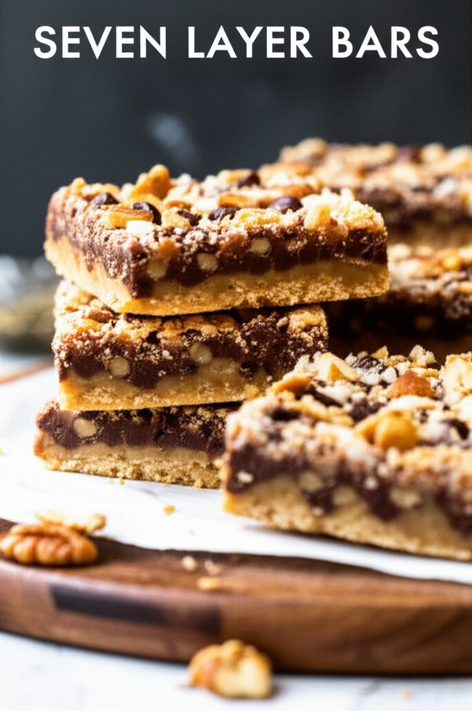 Stacked seven layer bars on a wooden board, showing layers of crust, chocolate, nuts, and coconut.