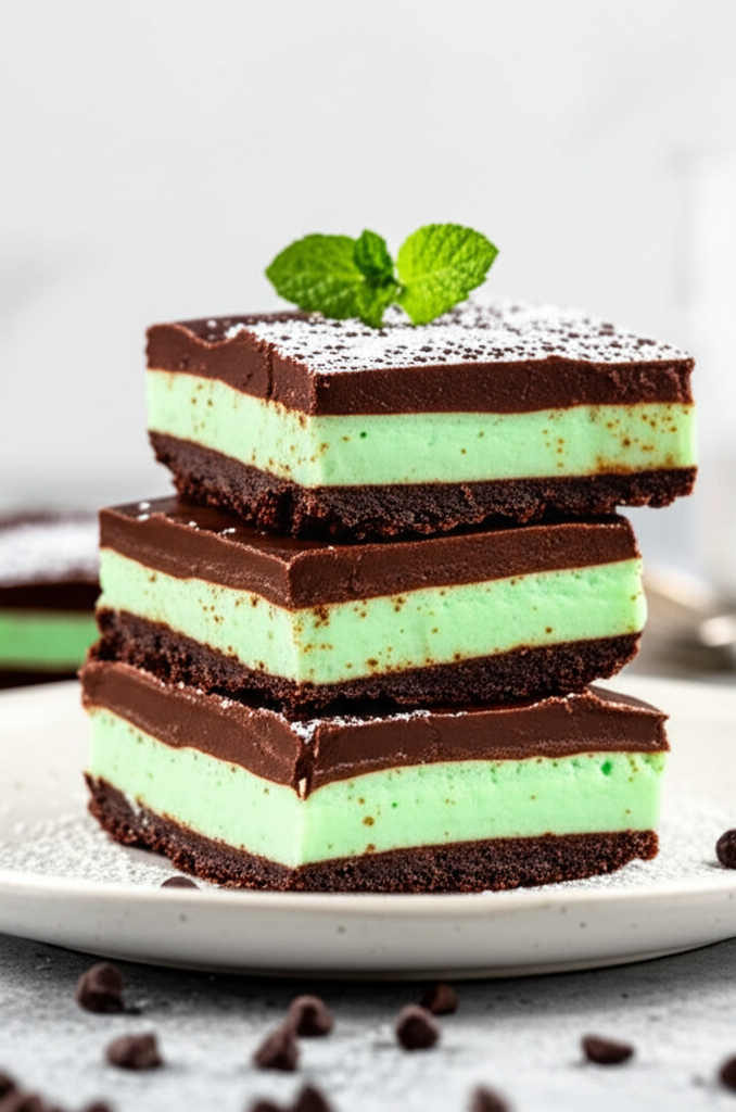 Stack of three chocolate mint bars. Layers of chocolate, mint filling, and chocolate crust. Mint garnish.