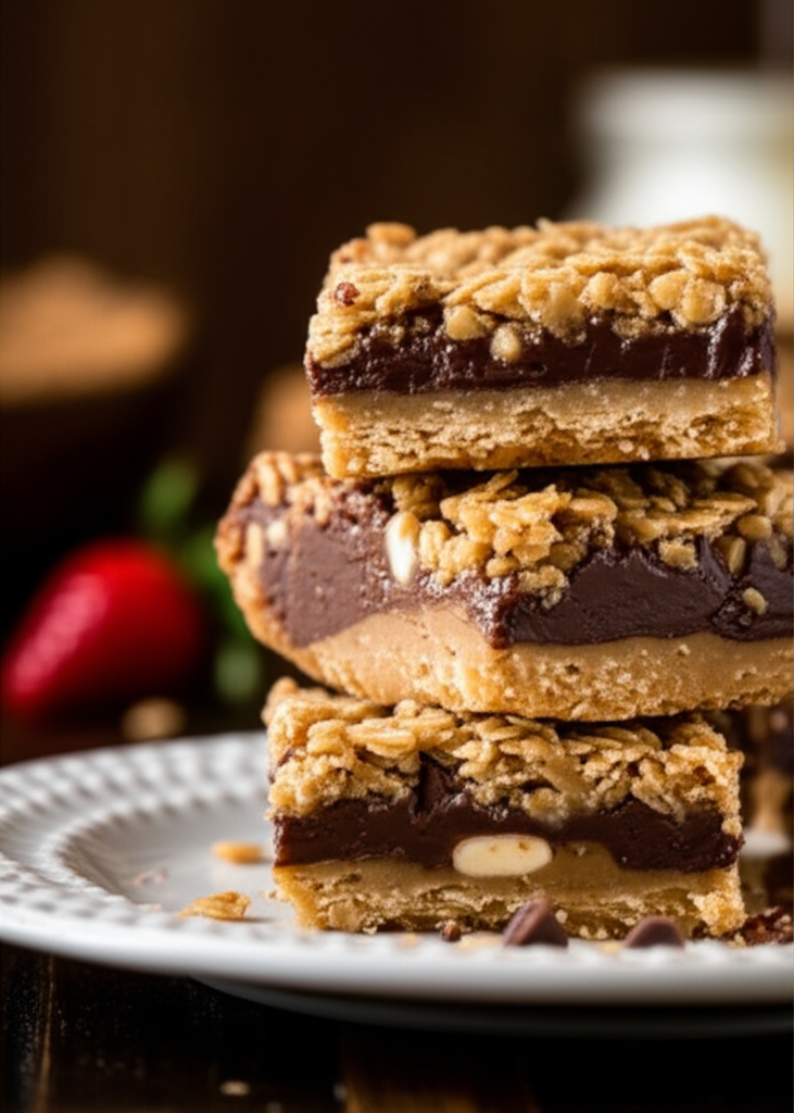 Stacked oatmeal fudge bars on a white plate. Bars have layers of oatmeal crust and smooth chocolate fudge.