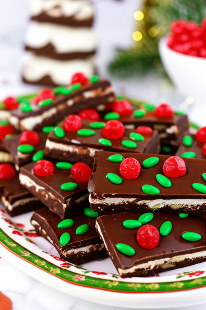 Stacked Christmas chocolate bars with red candy and green sprinkles on a festive plate.