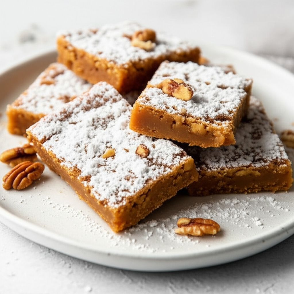 Stacked butterscotch bars dusted with powdered sugar and topped with pecan pieces on a white plate.