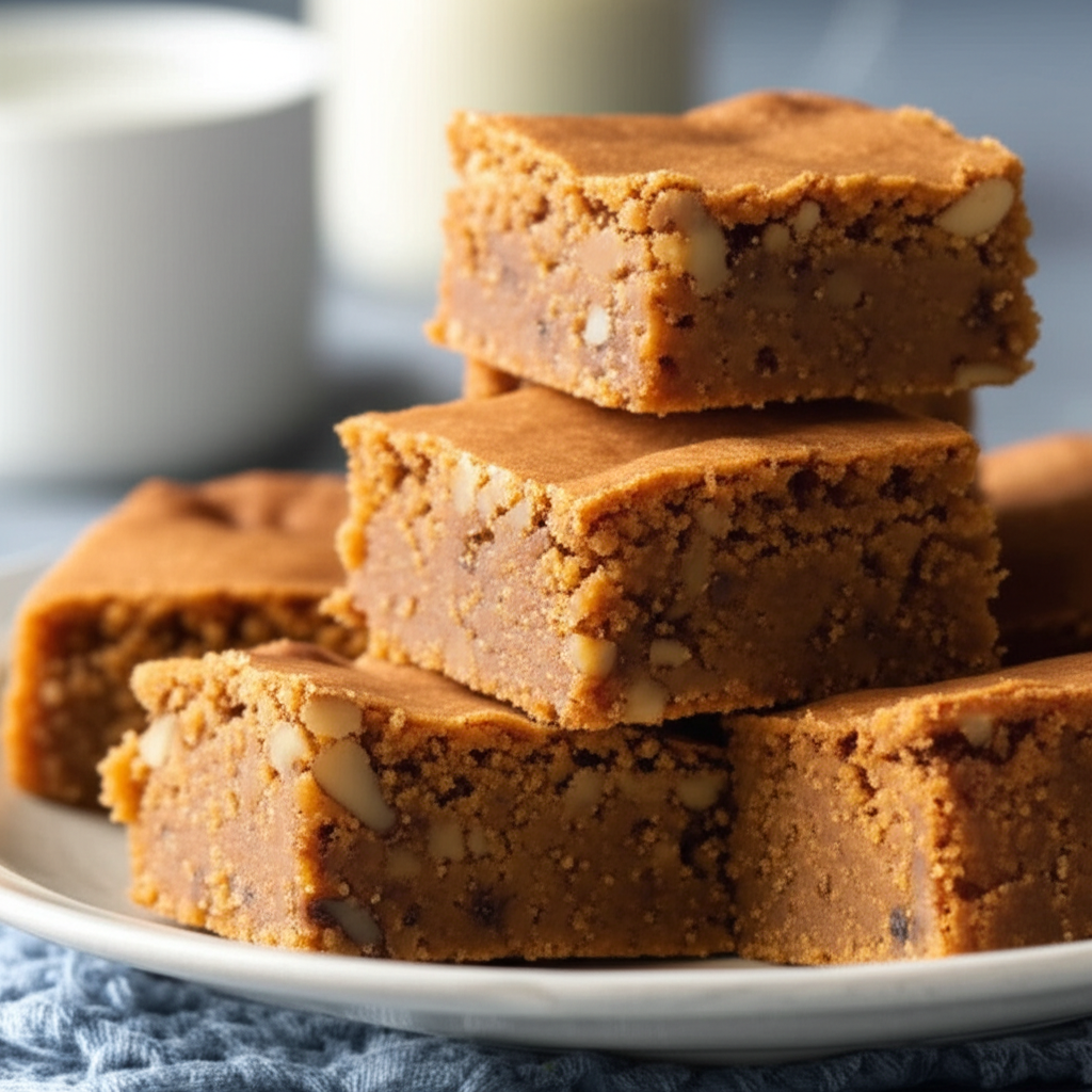 Stacked butterscotch squares with nuts on a white plate, with milk in the background.