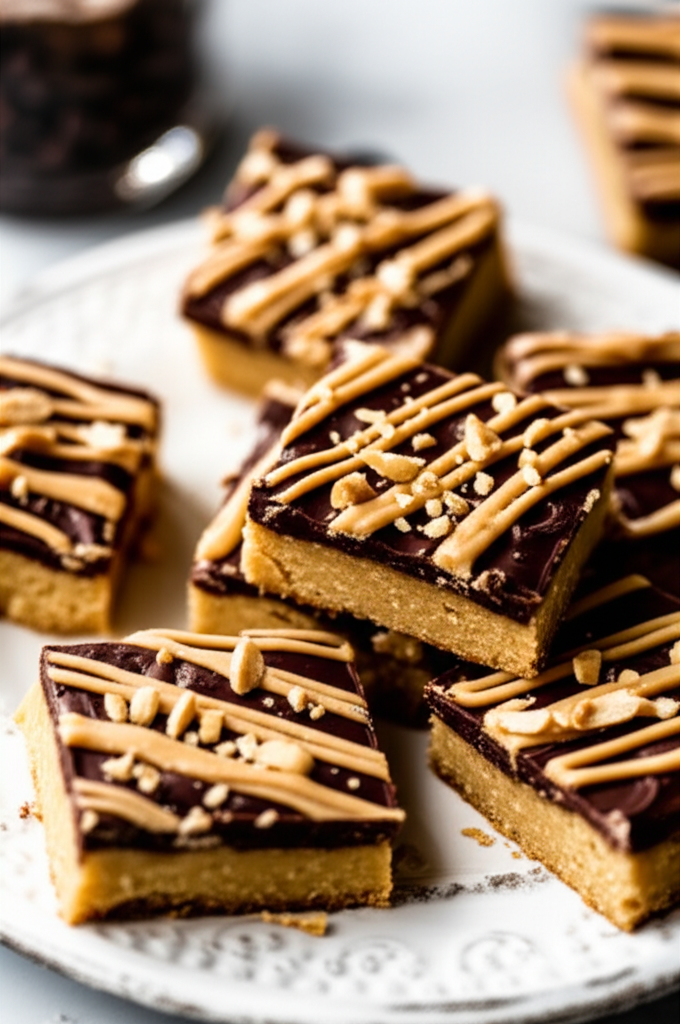 Square peanut butter bars with chocolate topping, peanut butter drizzle, and chopped peanuts on a white plate.