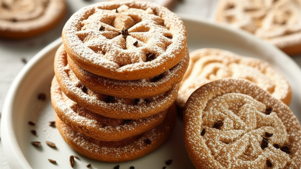 Stack of Springerle cookies dusted with powdered sugar on a plate.
